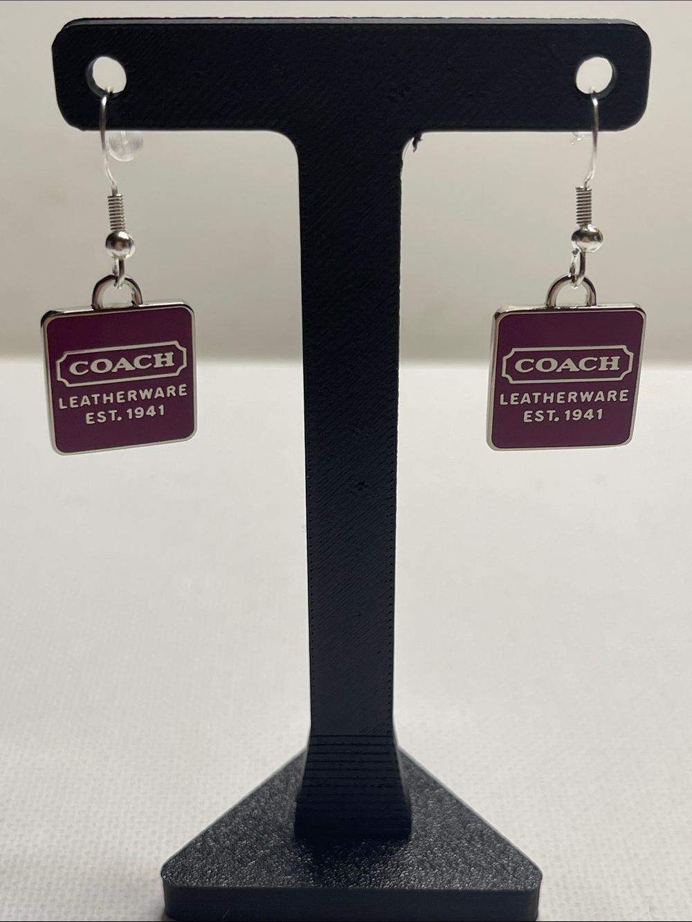 Coach Fuchsia Logo Square Drop Earrings with 925 Sterling Silver Posts